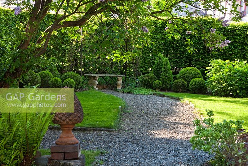 A gravel path winds towards a stone bench beneath box topiary, a terracotta cone sets an accent, other planting includes Buxus, Helleborus foetidus, Hydrangea arborescens and Syringa vulgaris - The Manor House, Germany