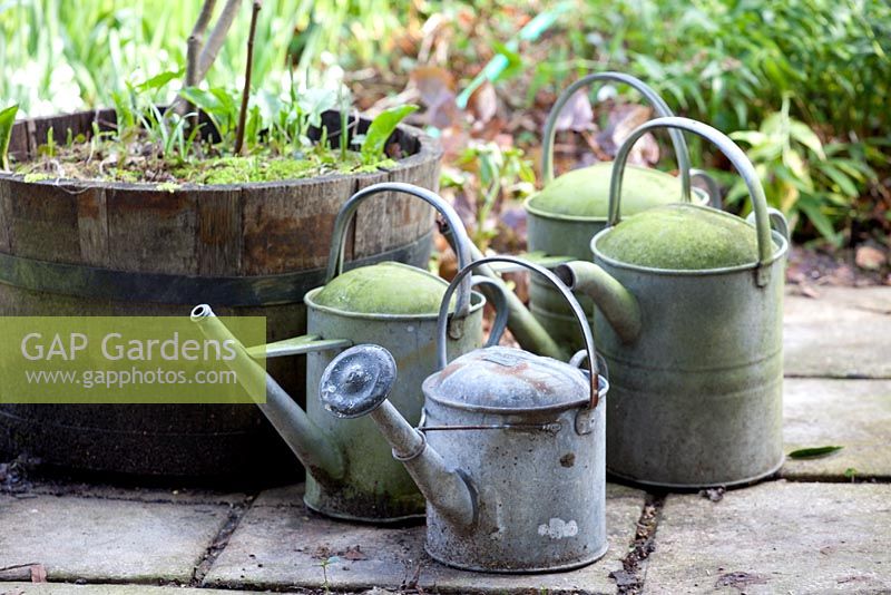 Watering cans by wooden planter