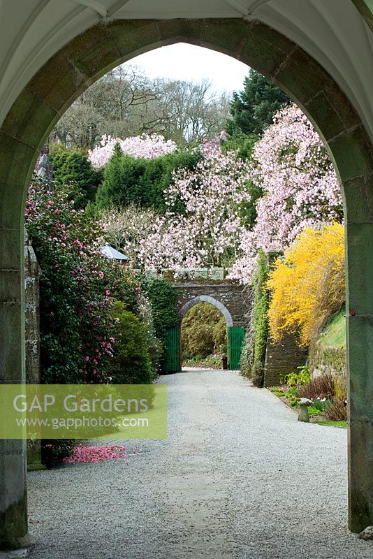 View through arch at Caerhays Castle, Cornwall, UK