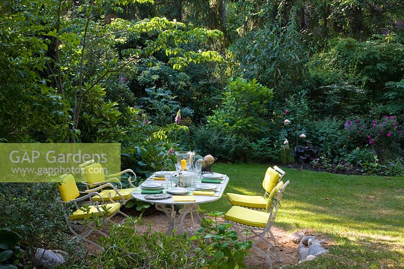 Outside dining area with white wood and iron garden furniture with yellow cushions. Rosa 'Mary Rose', Digitalis purpurea, Heuchera micrantha 'Palace Purple',  Ligustrum and Viburnum plicatum in borders