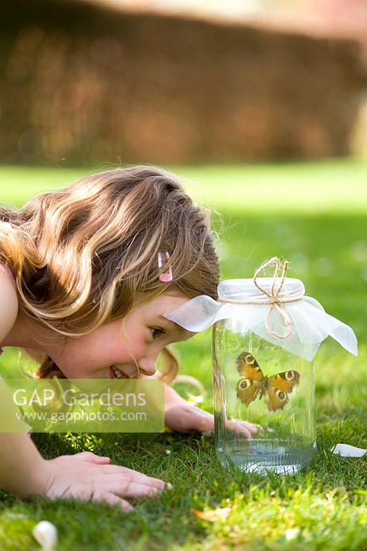 Five year old girl looking at a captive butterfly in a jam jar on a lawn