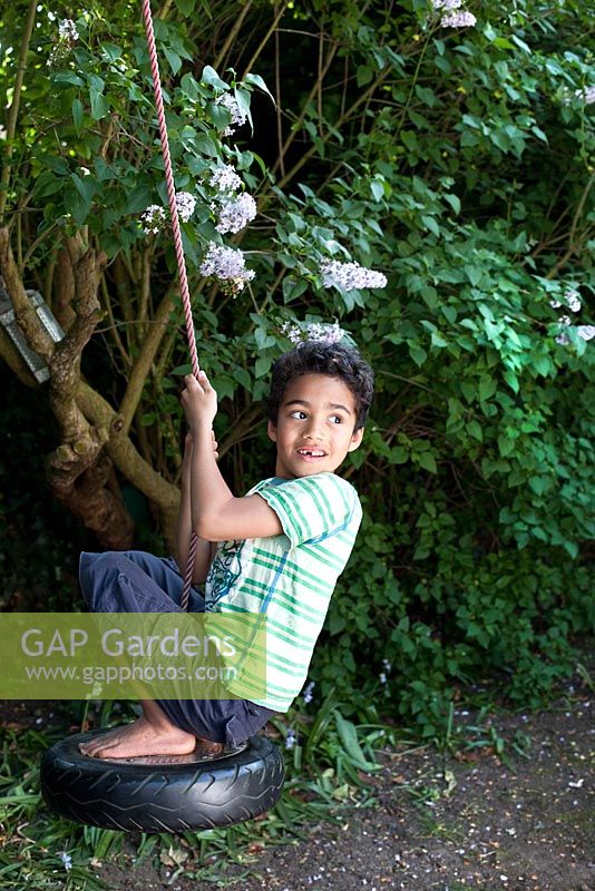 Boy playing on rope swing in the garden