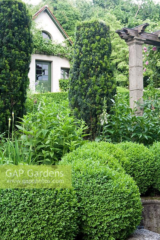 Buxus sempervirens - Box balls and Taxus baccata - Yew columns in front of summer house
