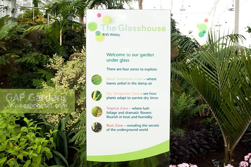 Glasshouse notice at RHS Wisley Garden, UK
