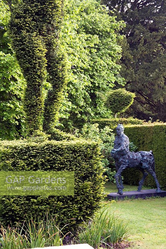 Deborah's sculpture of 'The Fifth Horseman' next to her Box topiary sculptures in the 'Sculpture Garden' - Cantax House, Wiltshire. 