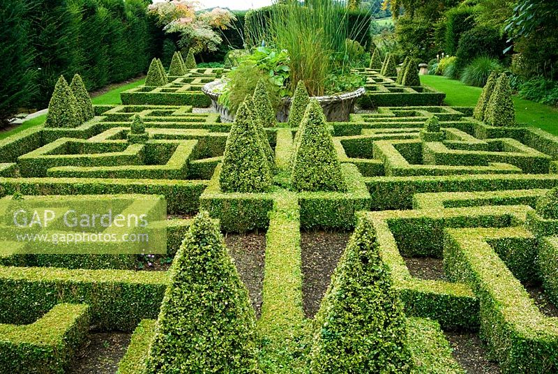 Geometric knot garden of Buxus - Box within Taxus - Yew walls, with central basket pond from the Great Exhibition of 1851. Bourton House, Bourton-on-the-Hill, Moreton-in-Marsh, Glos, UK
