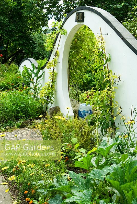 Moon gate marks passage from the kitchen garden to the Wandering Garden, framed by trained fruit trees, Rudbeckias and Tagetes - Marigolds with Lathyrus - Sweet peas beyond. Beggars Knoll, Newtown, Westbury, Wiltshire, UK
