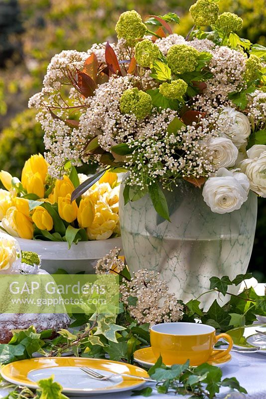 A white and green bouquet with Viburnum in a frosted vase and yellow tulips - Wintergarten, Germany
