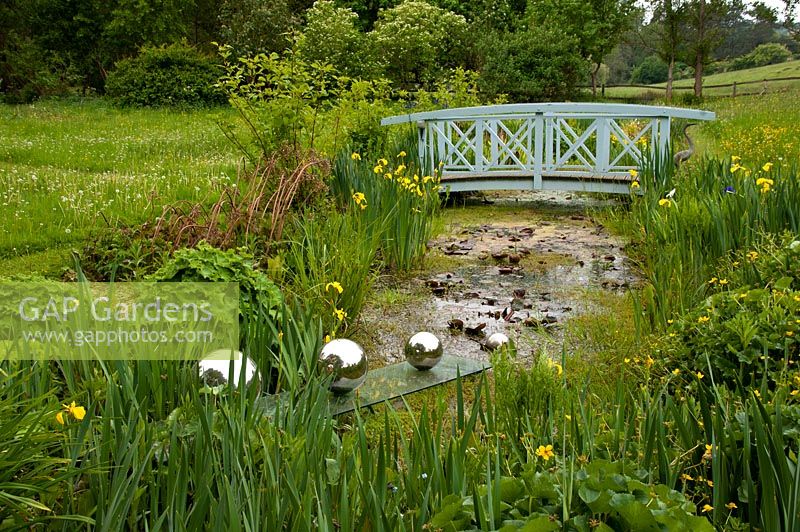 The bog garden, with Monet style bridge and sculpture of silver balls rolling into water, planted with Irises, Tilford Cottage, Surrey 