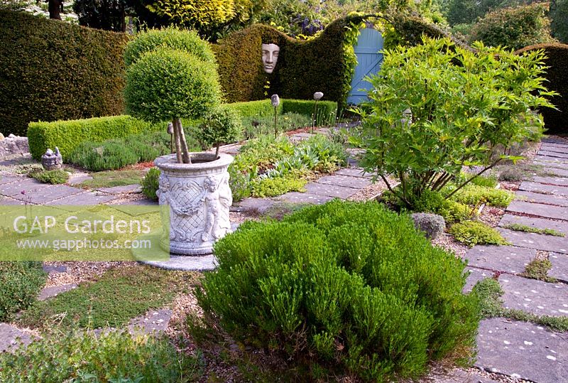 The Herb garden, with yew hedge, topiary, face sculpture and formal planting with privet in urn - Tilford Cottage, Surrey 