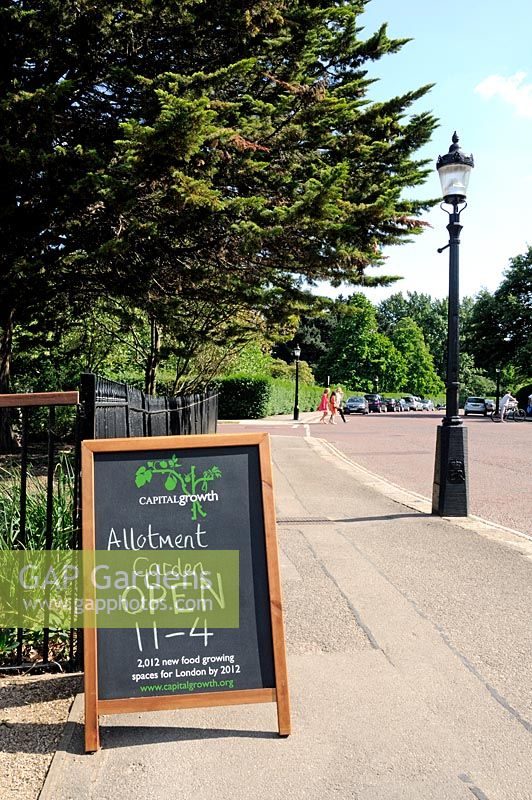 Billboard advertising a Capital Growth allotment garden open day, The Regent's Park Allotment Garden, Central London.