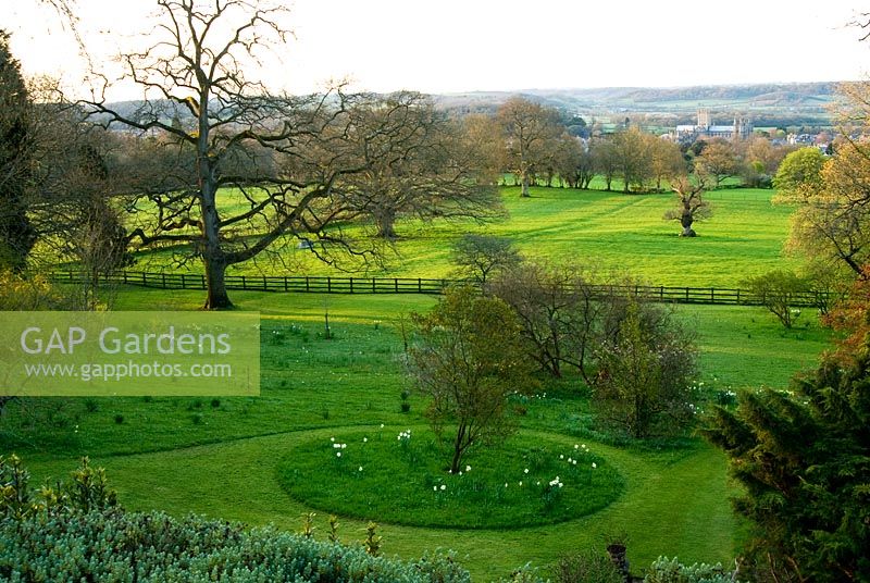 View from the house across naturalistic areas of the garden studded with spring flowers, across surrounding countryside to Wells Cathedral beyond. Milton Lodge, Wells, Somerset, UK