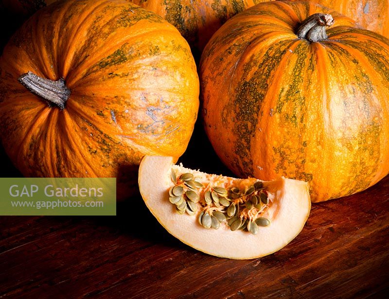 Pumpkin 'Lady Godiva' showing seeds which are ready to eat without de-hulling
