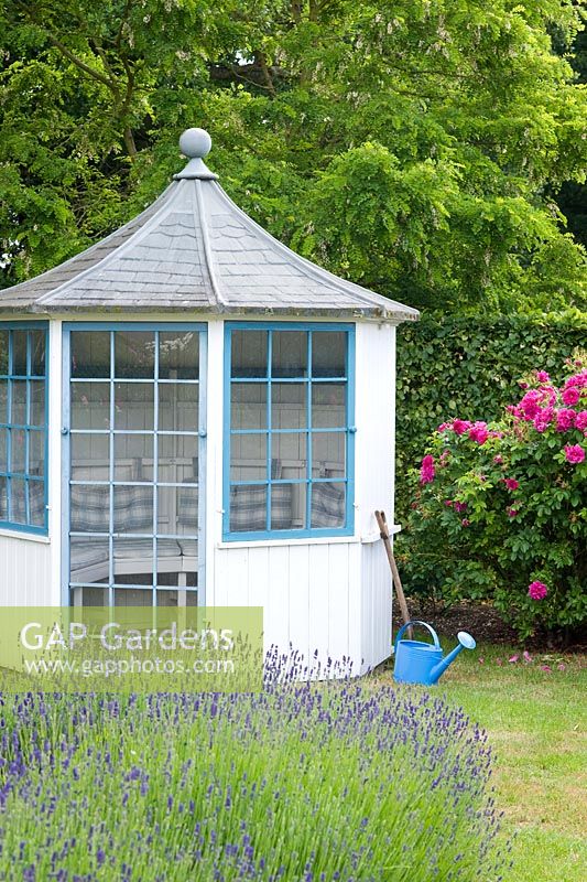 Blue and white summerhouse. Lavandula - Lavender and watering can

