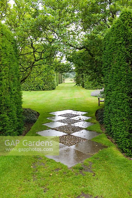 Paving between Taxus - Yew hedges to protect a grass pathway leading to the Ilex avenue - Arley Hall, Cheshire, early July