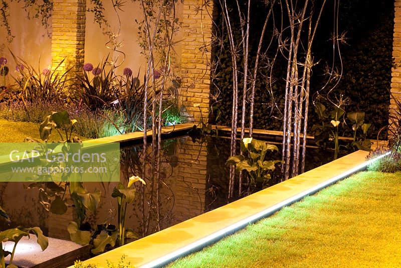 Garden with pond lit up at night 