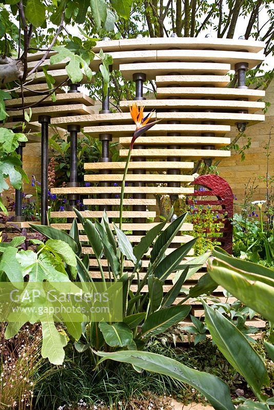Wooden screen and architectural planting in 'The Bradstone Fusion Garden' - Silver Gilt Medal Winner, RHS Chelsea Flower Show 2011
