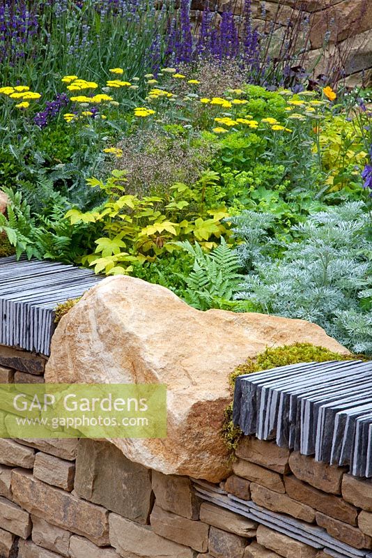 Detail of york stone and slate drystone wall - 'The Art of Yorkshire Garden', sponsored by Welcome to Yorkshire - RHS Chelsea Flower Show 2011