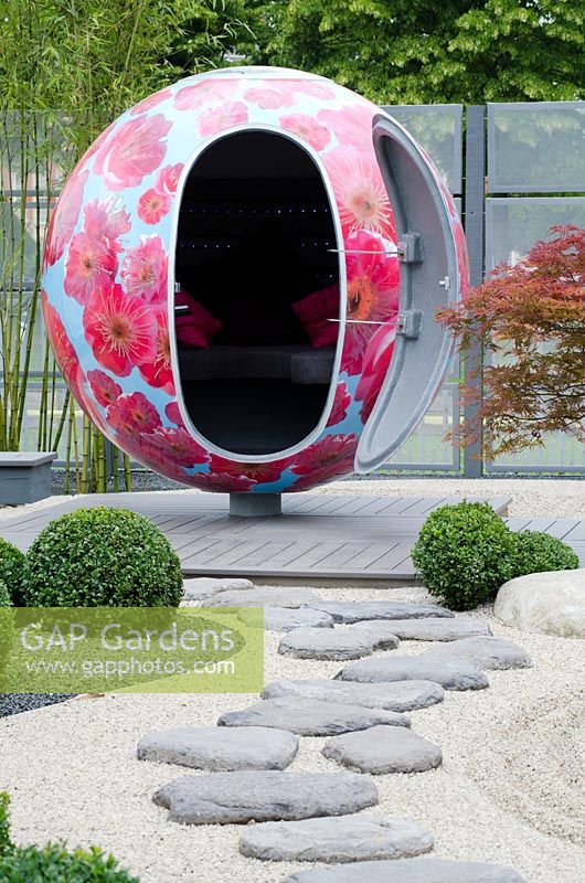 The 'Bauble' seating space in rock and gravel patio area - 'Virtual Reality Garden', Silver Medal Winner, RHS Hampton Court Flower Show 2011