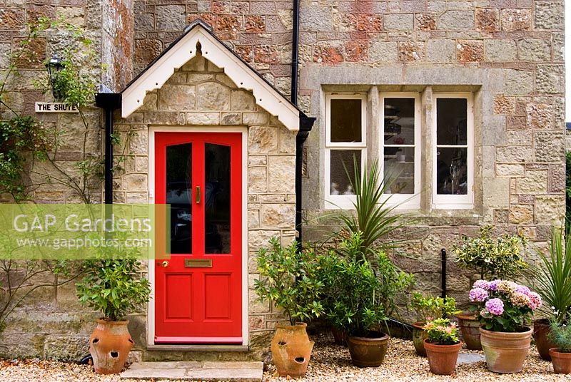 Front door surrounded by shrubs in terracotta containers