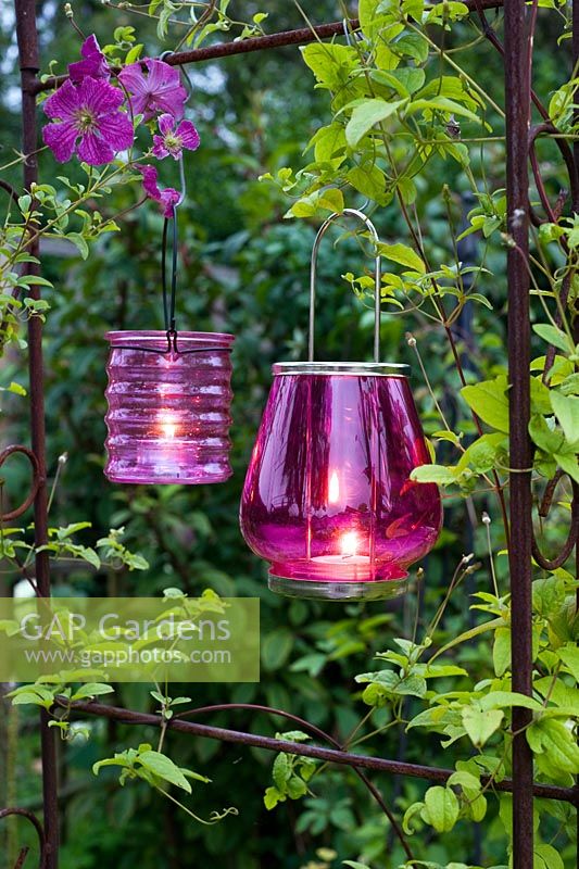 Hanging Pink tealight holders in evening garden