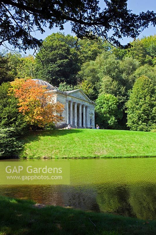 View across the lake to the Pantheon at Stourhead Gardens, Wiltshire, UK, early September, Designed by Henry Hoare
