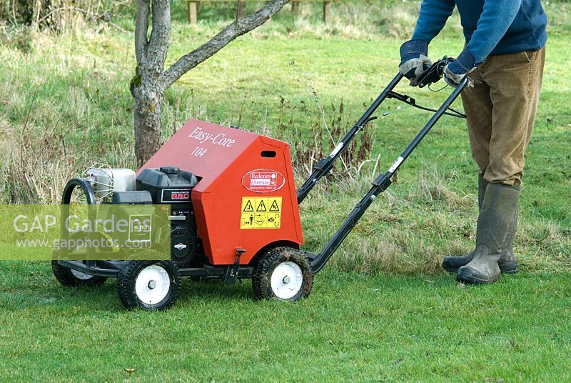 Man using a motorised Hollow tine for aerating a lawn to improve drainage in compacted lawn by removing cores of soil. February