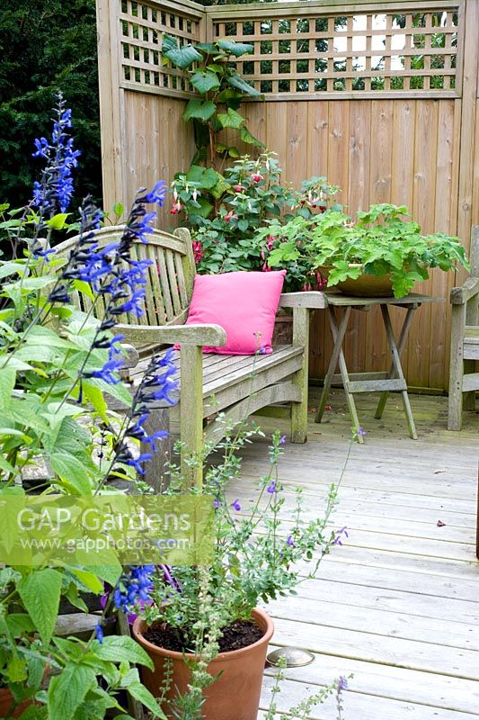 Deck with seating and containers - Woodpeckers, Essex NGS
