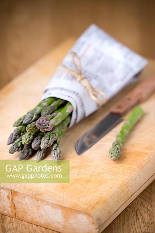 Asparagus spears wrapped in newspaper with knife on chopping board  