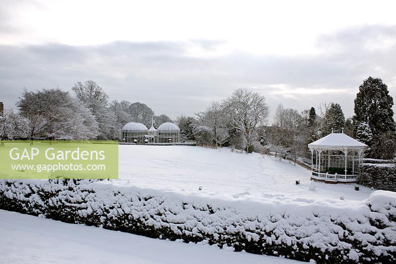 Birmingham Botanical Gardens Lawn Aviary and Bandstand in snow