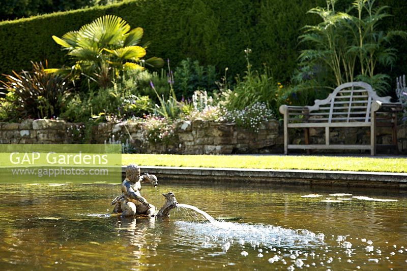 Water fountain in pond - Hever Castle, Kent, UK