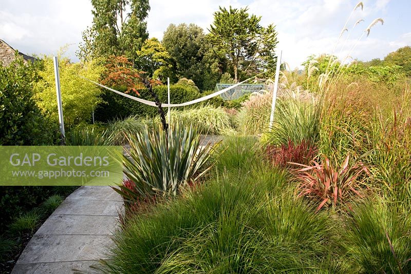 Garden view with sail, Phormiums, Pennisetum, Cortaderia and Miscanthus - Farrs, Dorset
