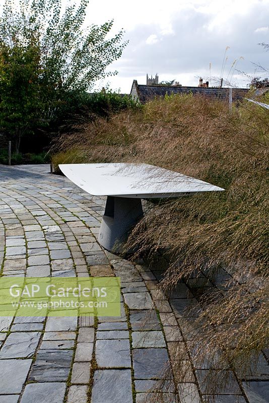 Slate path and table with Molinia 'Transparent' - Farrs, Dorset