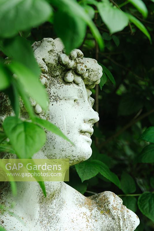 Classical garden ornament set amongst foliage - The Rowans, Threapwood, Cheshire 
