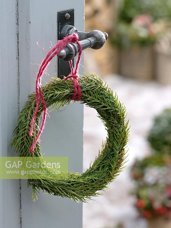 Cryptomeria wreath hanging from door handle