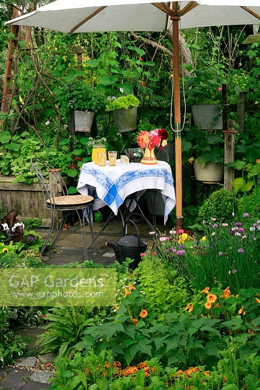 Small decorative kitchen garden planted with herbs, flowers, fruit and vegetables, a small table and chairs and suspended containers filled with salad vegetables