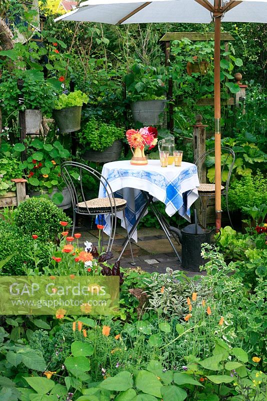 Small decorative kitchen garden planted with herbs, flowers, fruit and vegetables, a small table and chairs and suspended containers filled with salad vegetables