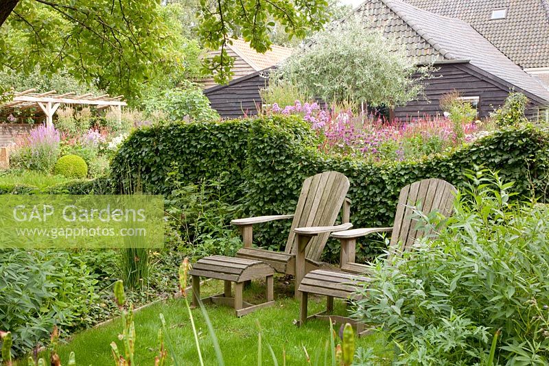 Wooden recliners backed by a clipped hedge of  Carpinus betulus - Ruinerwold Garden