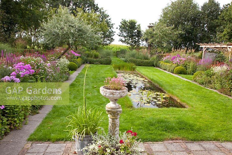 Rectangular pond with ornamental pear tree, Pyrus salicifolia 'Pendula' and perennial borders - Ruinerwold Garden