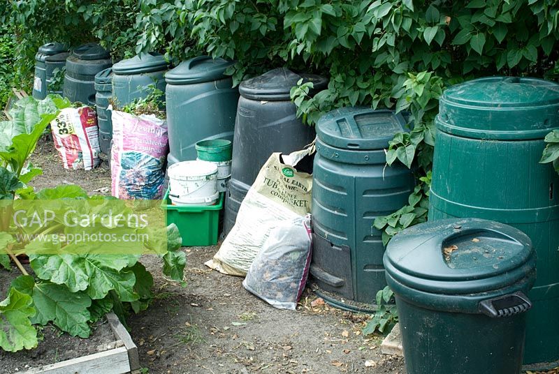 Row of composting bins on allotment