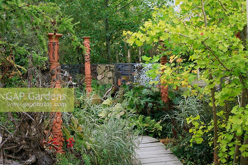 Striking contemporary garden with timber walkway, terracotta totem poles, sculptural tree roots and wire gabions filled with contrasting stones and pebbles. Planting includes Ginkgo, grasses, ferns, Ligularia and Rodgersia