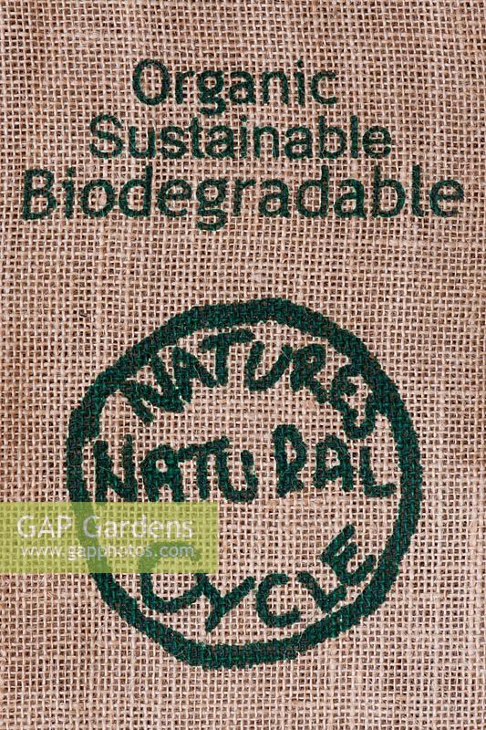 Natures natural cycle label printed on a hessian sack
