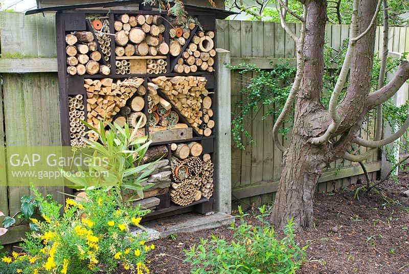 Insect house attached to fence in secluded area of garden at Forest Road, Meols, Wirral. The garden is open for The National Garden Scheme.