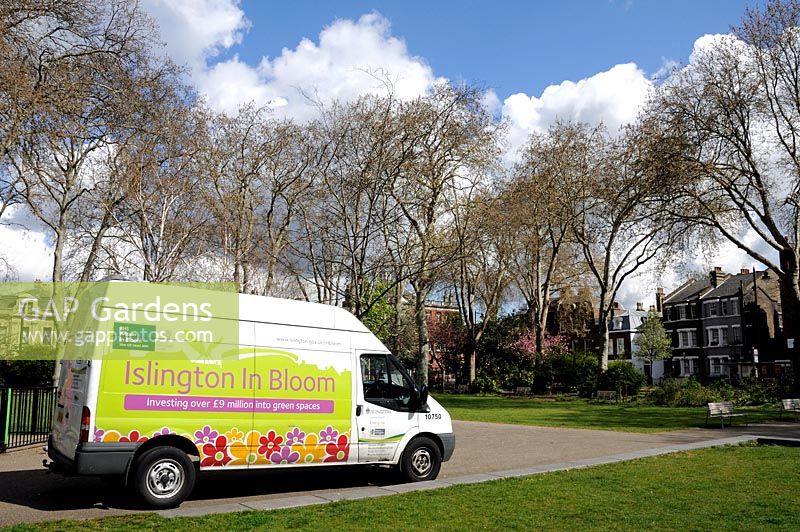 Islington in Bloom printed on the side of a council van, Newington Green, London Borough of Islington