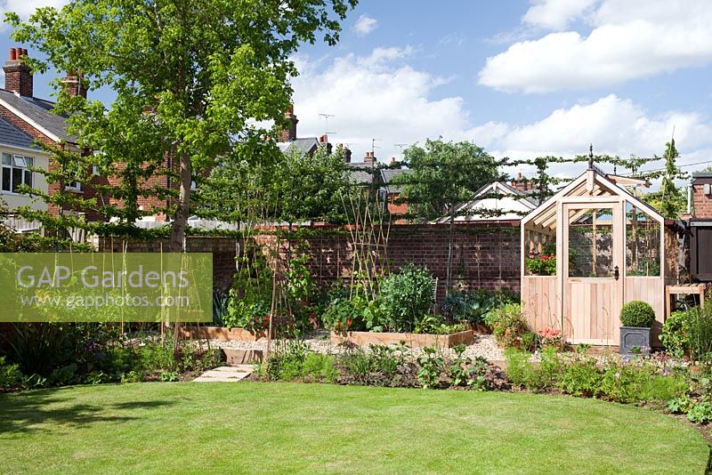 Step-by-step - Garden overview with greenhouse, raised bed and pleached hornbeams 