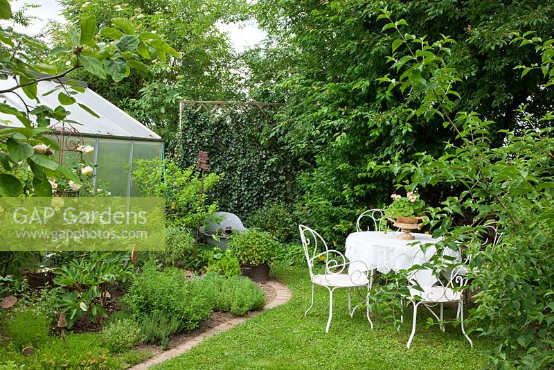 White garden furniture next to glasshouse with planting of Hedera helix, Mentha, Santolina, Satureja montana, and Thymus citriodorus 'Mystic Lemon' 