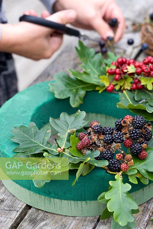 Making an autumn wreath from foraged natural materials - Placing foliage and berries