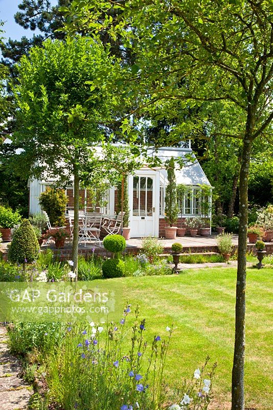Victorian styled conservatory on raised terrace with garden furniture seen through planting of Campanula persicifolia,  Centranthus ruber 'Albus' and Euonymus - Germany