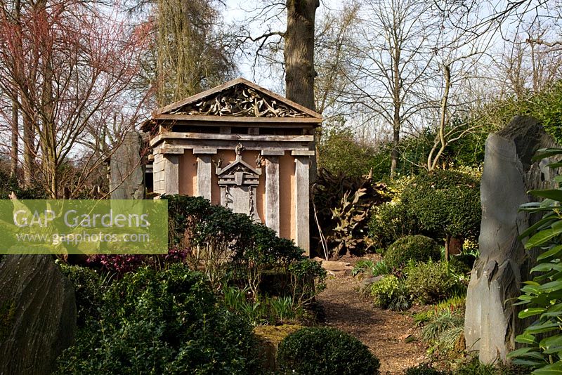One of the two green oak temples in the The Stumpery, Highgrove Garden, March 2011. The Stumpery is based on a Victorian concept for growing ferns amongst tree stumps.  