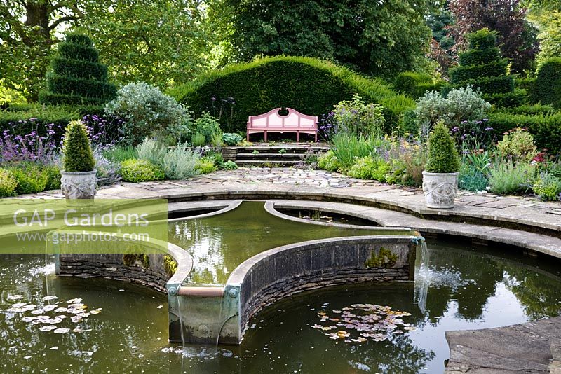 Lilly Pool and The Meditteranean Garden, Highgrove Garden, August 2007. The Lilly Pool is a quatrefoil shape (water lilly flower) and a pool within a pool. 